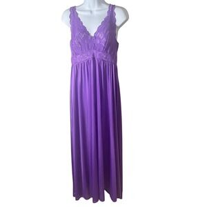 Shadowline Vintage V Neck Nightgown Babydoll Slip‎ Dress Size M Purple Lace Trim